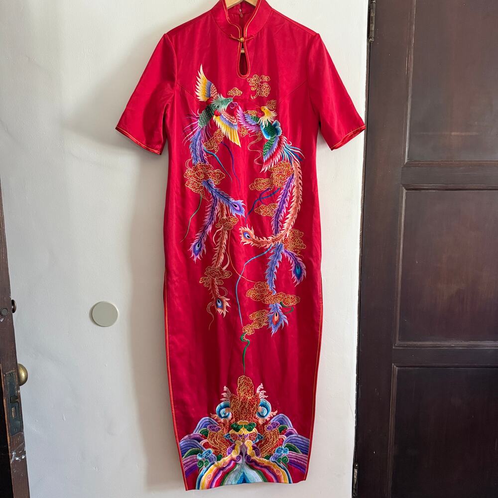 Bespoke Mulberry Silk Red Phoenix Embroidered QiPao Wedding Dress | Extra Large